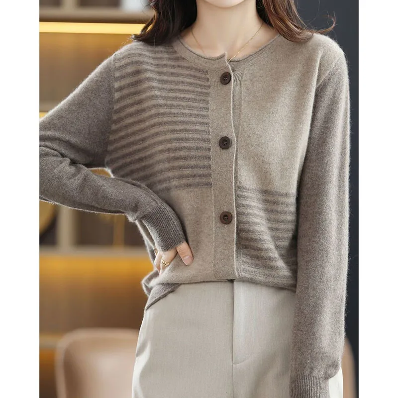 Women\'s Clothing Elegant Fashion Round Neck Button Knitted Cardigan Autumn Winter Loose Commute Female Striped Spliced Sweaters