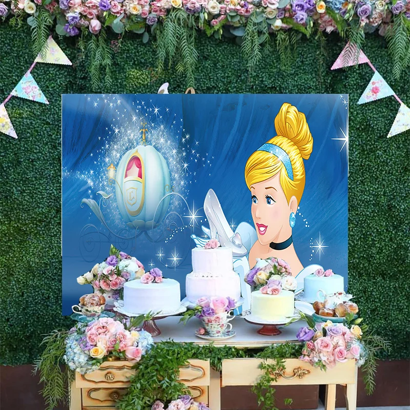 

Cartoon Disney Princess Crystal Shoes of Cinderella Cute Shiny Carriage Backdrop Birthday Party Decoration Backgrounds Banner