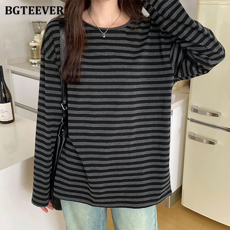 

BGTEEVER Spring Casual Striped Shirts Women Cotton Long Sleeve T-shirt Solid Pullovers Female Loose Tops Tee Shirts