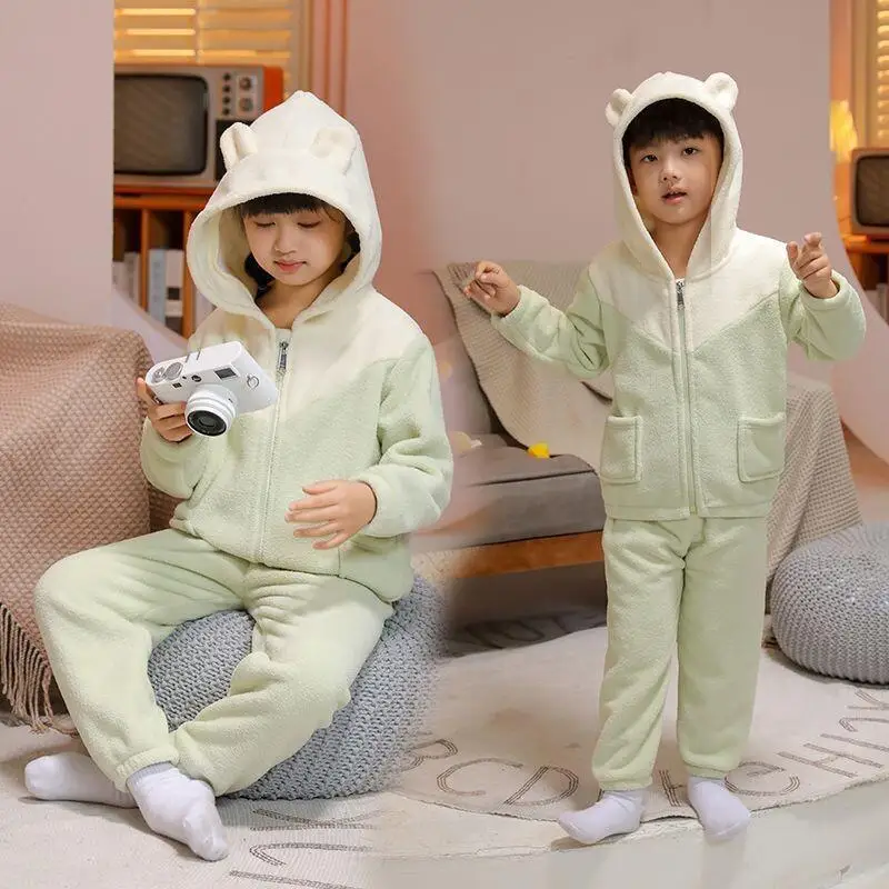 

2025 Pajama Set boys girls children's autumn winter flannel thickened warm long-sleeved coral velvet Loungewear PJs Set two-piec