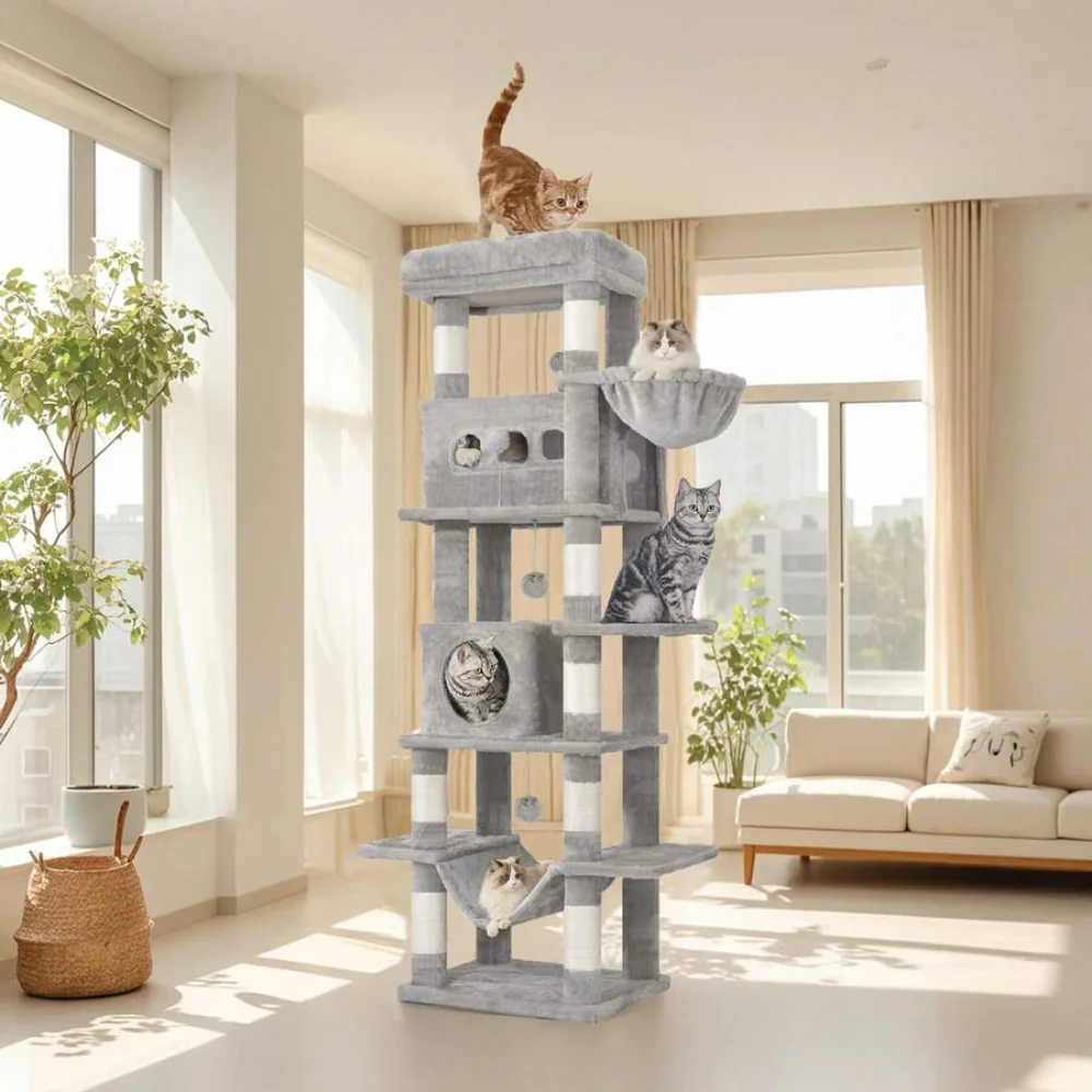 

67" Large Tall Cat Tower For Indoor Cats, Multi-Level Cats House With Condo, 8 Scratching Posts, Hammock, 4 Pom Poms, Dark Grey