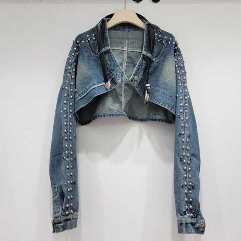 

Rivet Beading Denim Jadcket Spring Streetwear Punk Y2k Jacket Women Short Coat Outerwears Fashion Women Clothing 2025