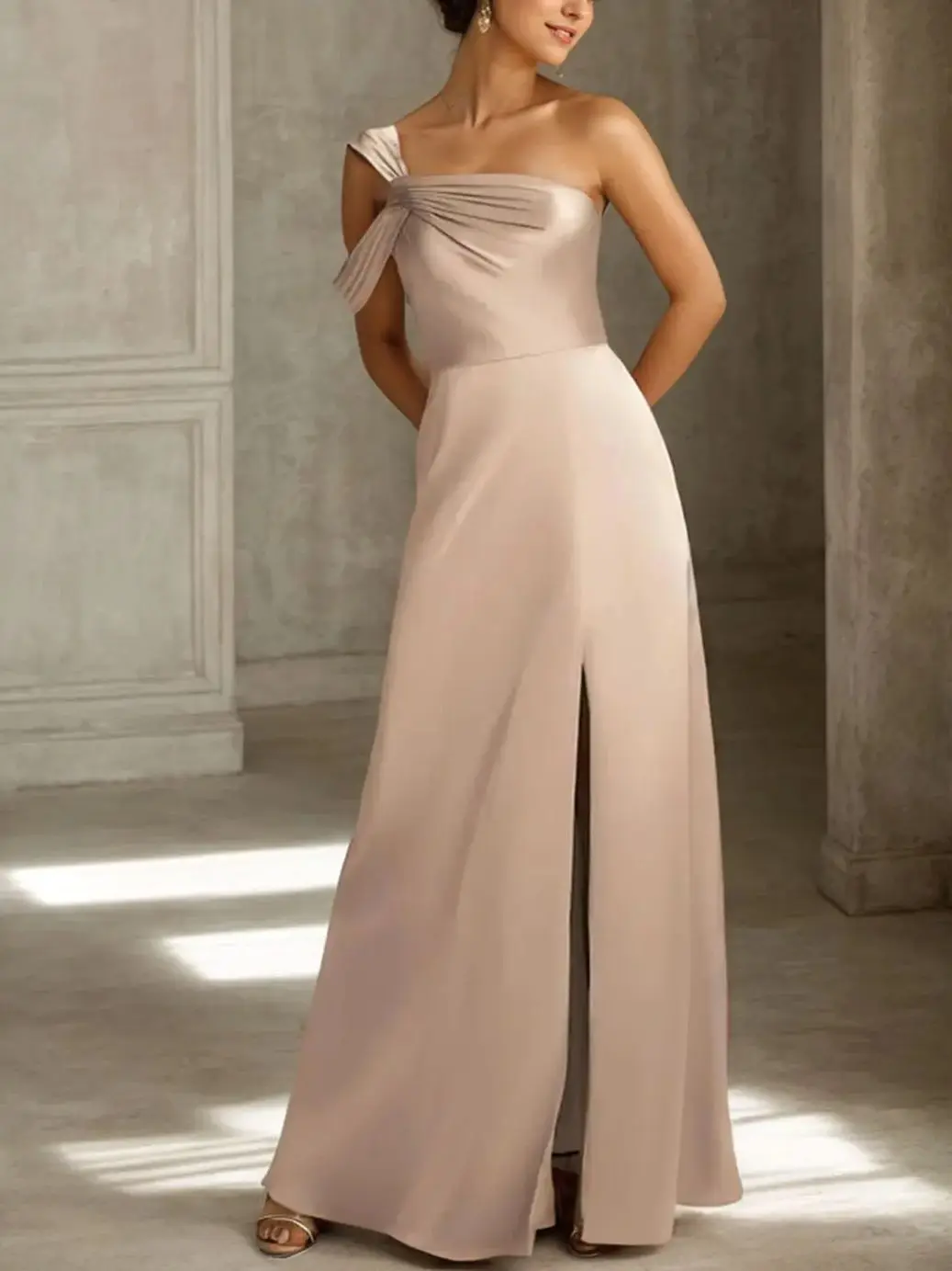 Elegant A-line Evening Dress Sleeveless Satin Prom Gown Floor Length One Shoulder Slit Wedding Guest Dress 2025 Free Customized