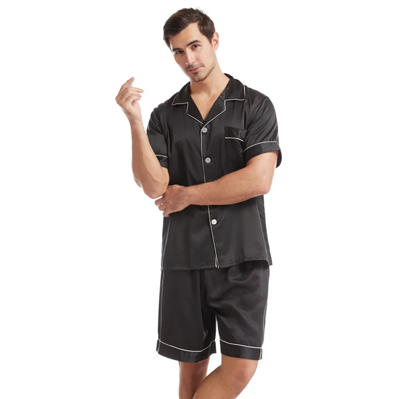 

High Quality Satin Short-sleeved Pajamas Suit Large-size Loungewear Summer Men Solid Sleepwear Set Male Ice Silk Nightcloth Teen
