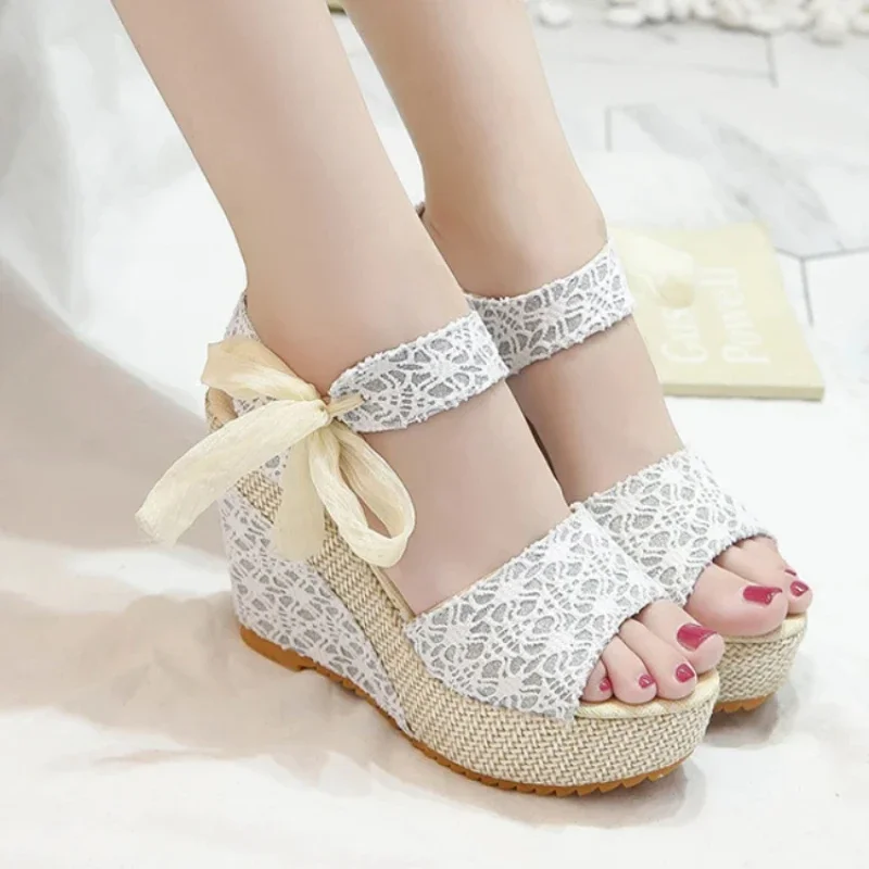 Hot Lace Leisure Women Wedges Heeled Women Shoes 2024 Summer Sandals Party Platform High Heels Shoes Woman