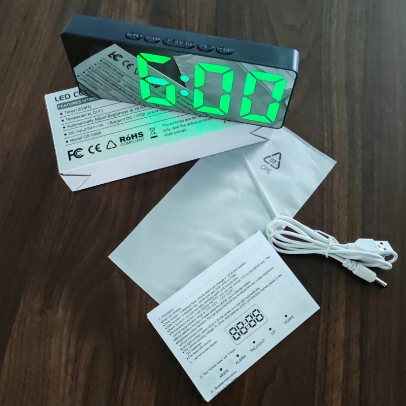 ساعة إلكترونية منحنية مبتكرة، شاشة LED كبيرة، بطارية منبه بمرآة مزدوجة الأغراض، غرفة نوم الطالب مخصصة #6