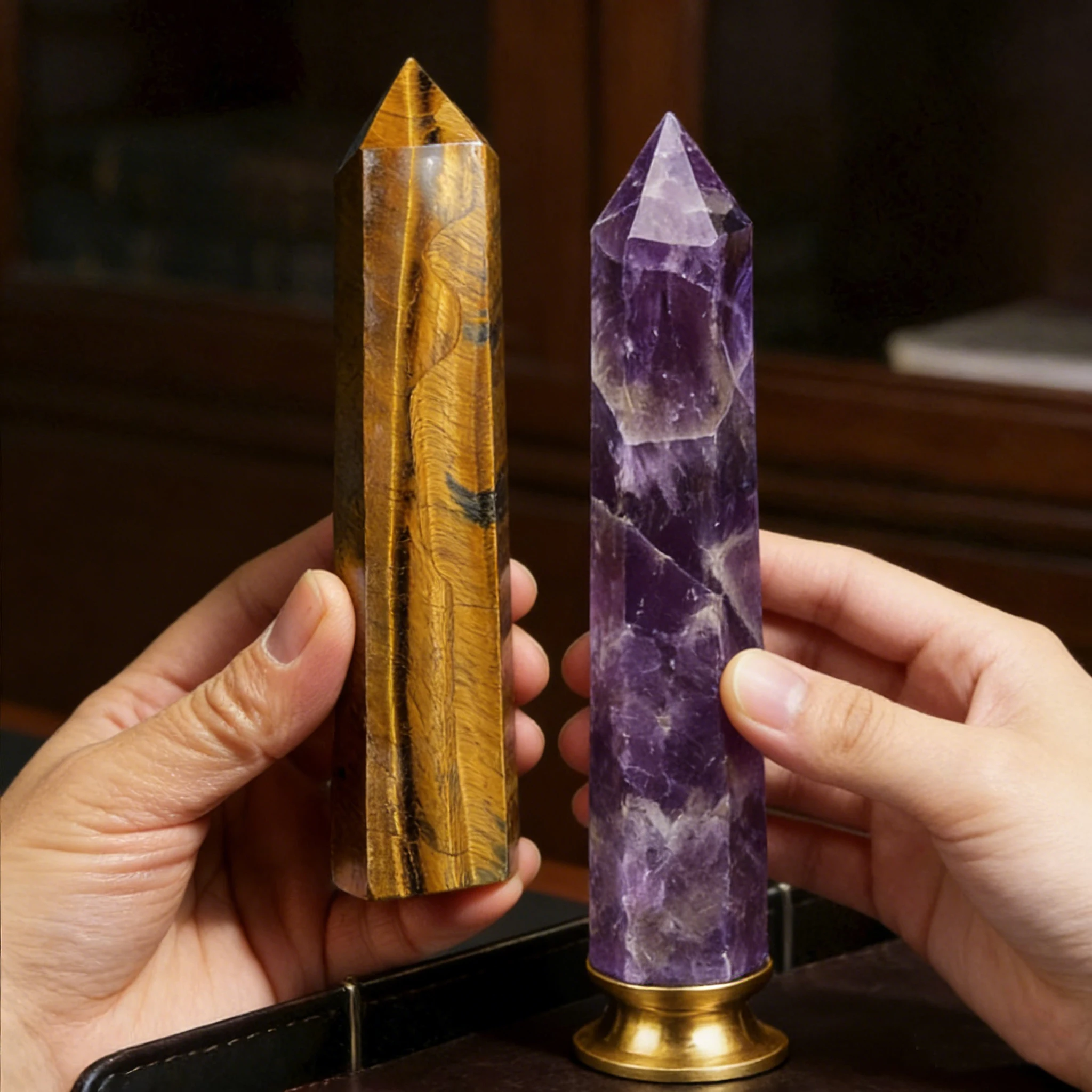 Natural Crystal Obelisk Tower Point Set 2Pcs 6 Faceted Wand 8-17cm Amethyst Tiger Eye Chatoyant Dreamlike Hand Polished Home Decor Desk Ornament Office Decor Room Decor Bedroom Decor Table Centerpiece Collectible Gift Set Zen