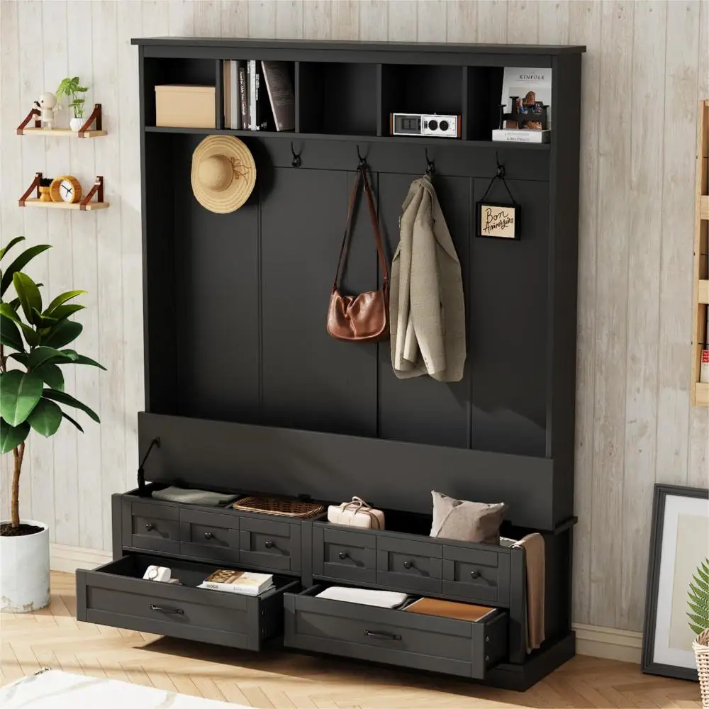 Elegant Wide Hall Tree with 5 Hooks, Versatile Entryway Lift Top Storage Bench with 2 Drawers, Retro Wooden 3-in-1 Coat Rack