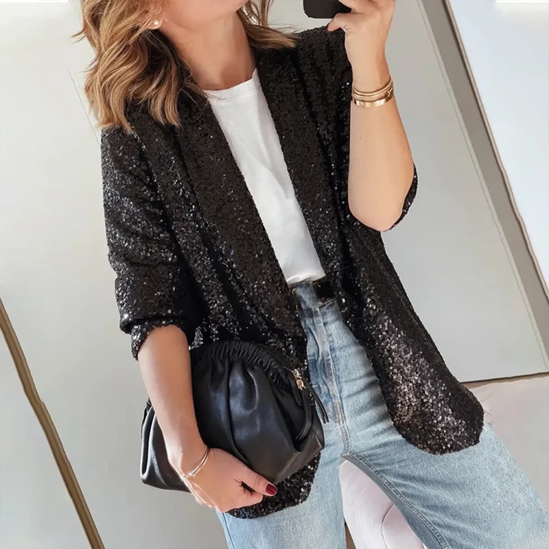 Elegante giacca con paillettes a maniche lunghe con colletto bavero da donna cardigan allentato argento/nero blazer lucidi cappotto giacca da sera