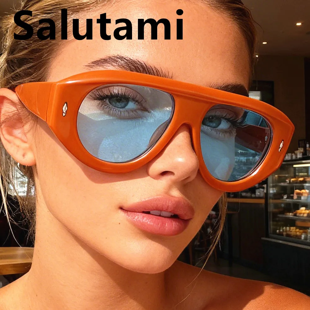 Gafas de sol unisex de una pieza con borde grueso, novedad de moda, naranja y negro, con remaches, estilo retro hip hop, ovaladas, para conducir.