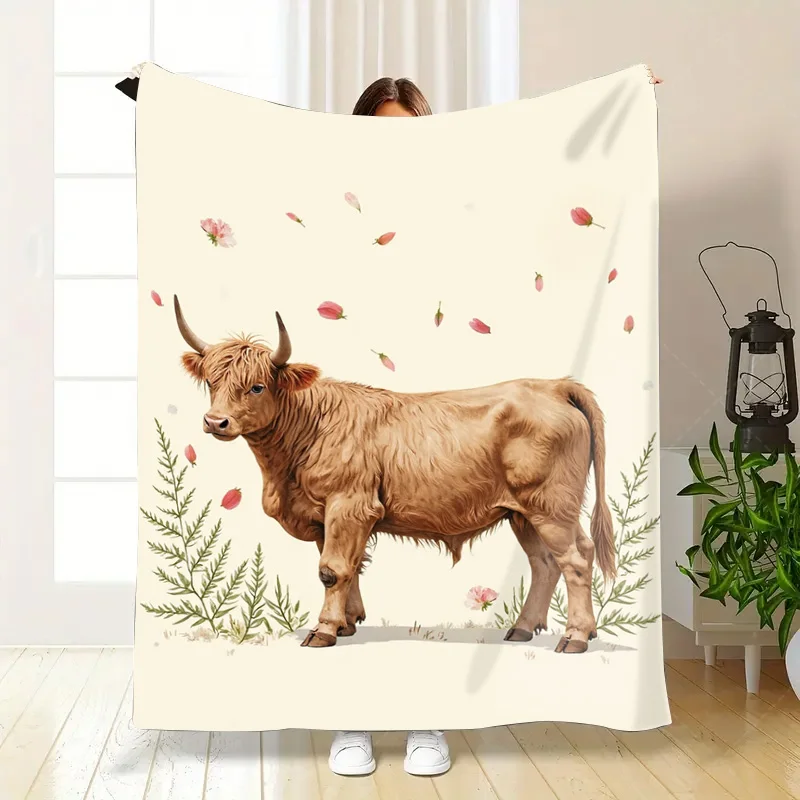 1 قطعة بطانية الفانيلا بطانية بقرة المرتفعات الريفية مع لهجات الأزهار لديكور المنزل المريح