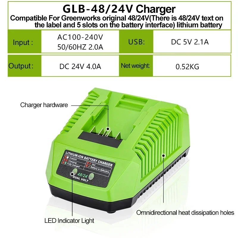 Li-ion Battery Charger For Greenworks 48/24V Lithium Battery Replacement Original Charger Electric Tool Drill Saw Charger