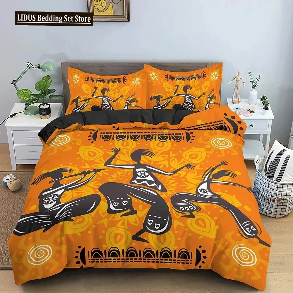 

African Ethnic Bedding Set Orange Bohemian Style Duvet Cover King Queen Vintage Woman Polyester Comforter Cover For Teens Adults