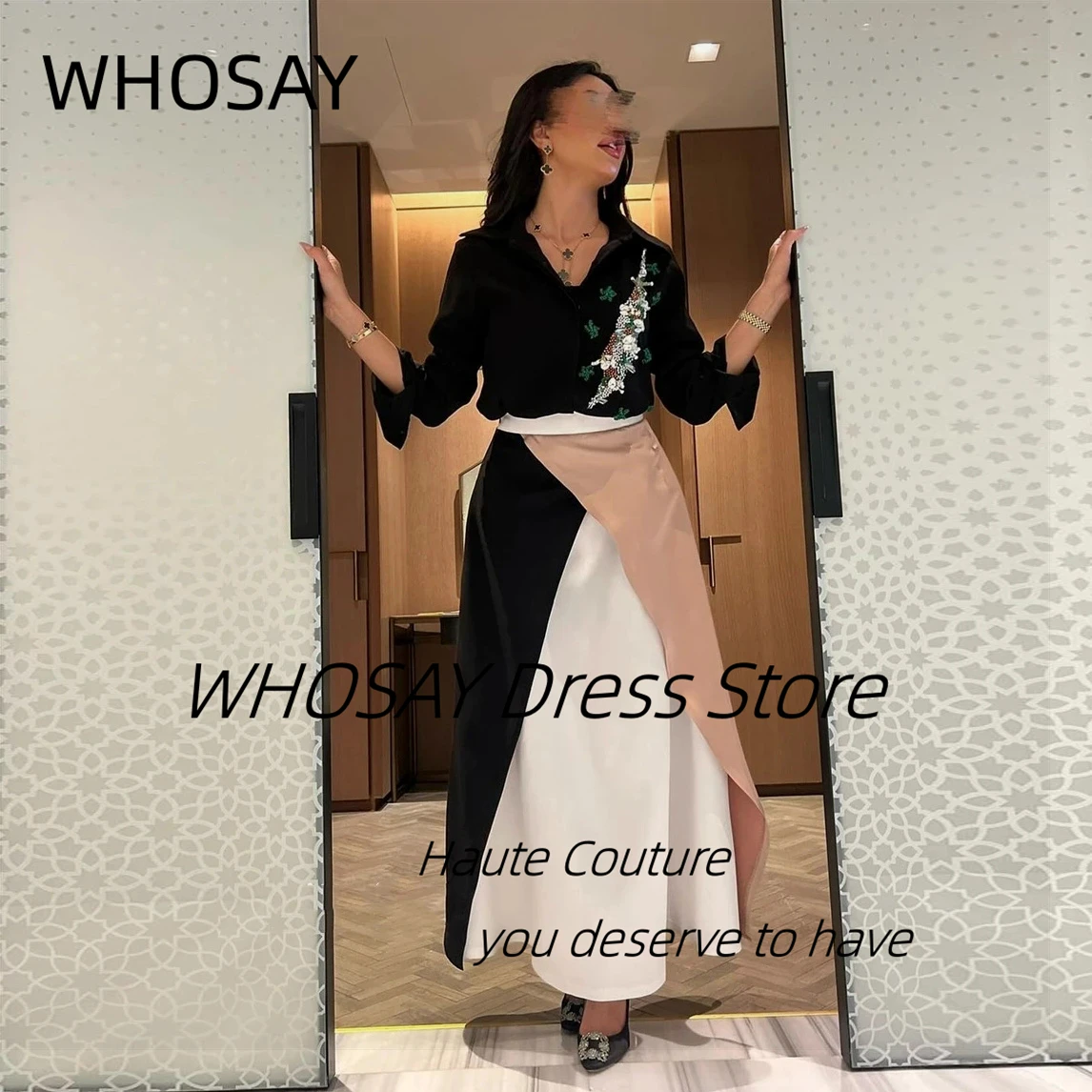 WHOSAY Contrast Color Vestidos Des Fiesta Long Sleeves Jackets Prom Dresses Customized Beading Saudi Arabia Evening Party Gowns