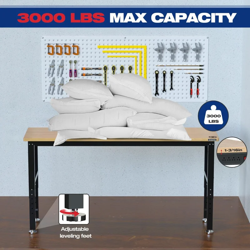 WORKPRO 72" Adjustable Workbench, 3000 LBS Load Capacity Hardwood Garage Workbench with Power Outlets, Rubberwood Top