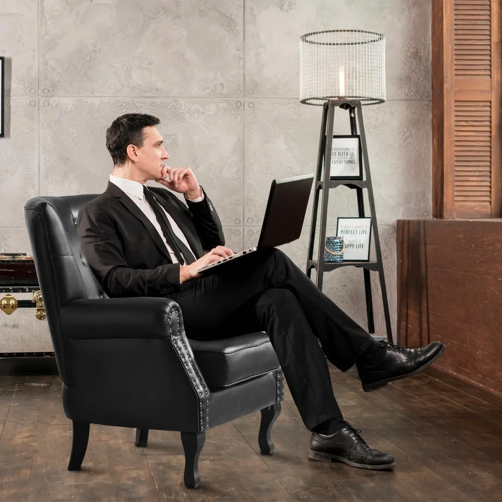 كرسي من جلد البولي يوريثان، كرسي بذراعين حديث لغرفة المعيشة، كرسي نادي منجد مع حواف برشام، كرسي أريكة في منتصف القرن