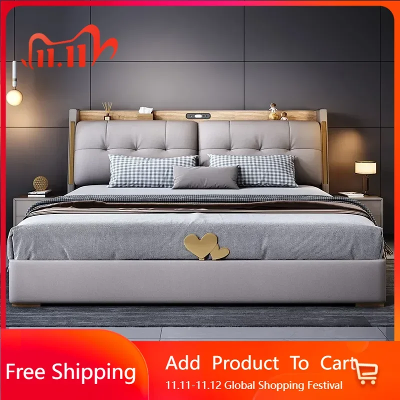 

Creative Adults Leather Double Bed Modern Luxury Loft Space Saving Double Bed Unique Sleeping Muebles Entrance Hall Furniture
