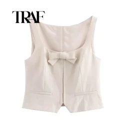 TRAF 2024 Women Fashion Bow Decoration Vest Style Crop Top Casual Slim Sleeveless U Neck Tanks Autumn Y2K Vest Club