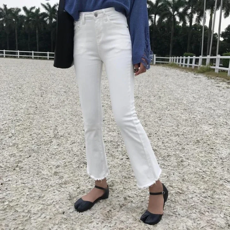 New Fashion Blue Fur-lined Ankle-Lenght High Waisted Jeans Woman Casual Lim-Fit Denim Trousers Female Girls Vintage Bell-bottoms