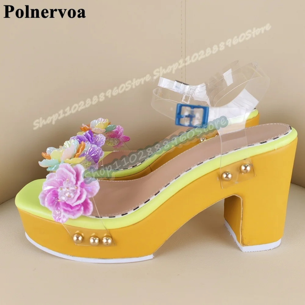 รองเท้าส้นหนาแบบเปิดนิ้วเท้า สายรัดข้อเท้า วัสดุ PVC ใส ลายดอกไม้ สำหรับผู้หญิง สไตล์ทันสมัย เหมาะสำหรับงานปาร์ตี้