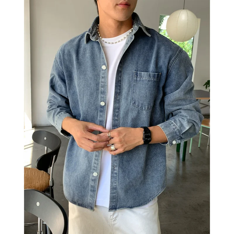 

Джинсовая джинсовая длинная све irt в стиле ретро, мужская свободная посадка премиум-класса, простая осенняя модная верхняя одежда на пуговицах, повседневная одежда