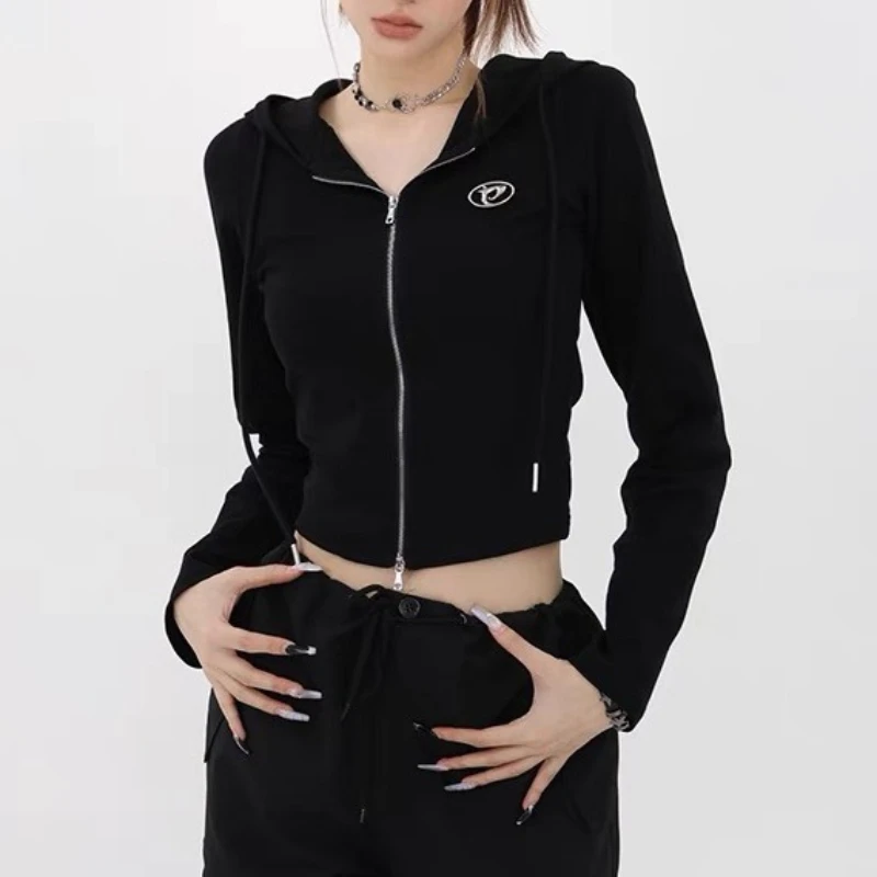 

2000s American Vintage Zip Up Hoodies Y2k Long Sleeve Subculture Hooded Sweatshirt Hot Girl Letter Short Slim Autumn Coat Chic