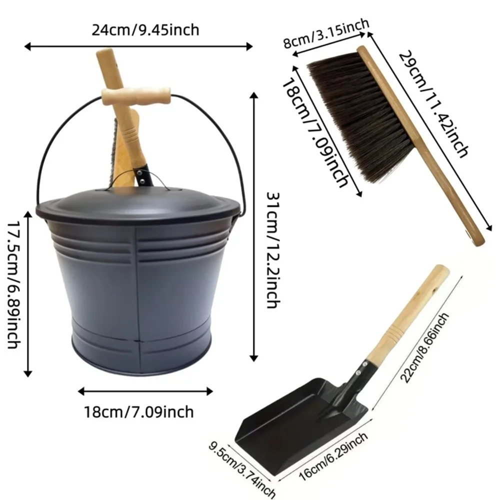 Ash Removal Fireplace Ash Bucket Heavy Duty Large Capacity Ash Shovel Brush Bucket Set Rust Resistant with Lid