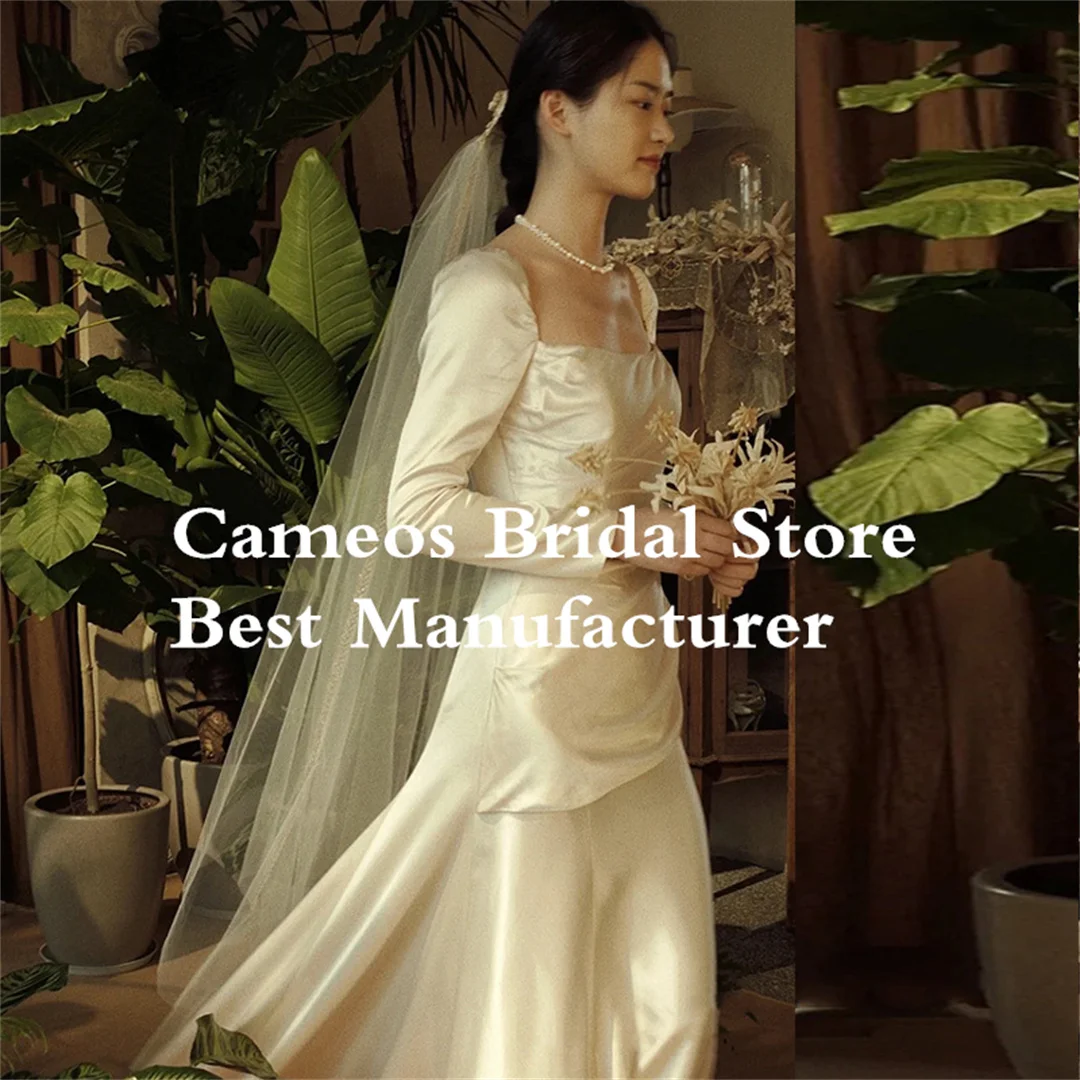 SONDR Custom Made Silk Satin Wedding Dresses Square Meck Mermaid Korea Long Sleeves Ruched Brides Gowns Women Bridal Dresses