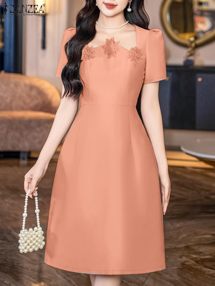 ZANZEA ผู้หญิงสไตล์ปาร์ตี้เดรสฤดูร้อนชุดซาตินสแควร์คอแขนสั้น Sundress แฟชั่นวันหยุด Vestidos