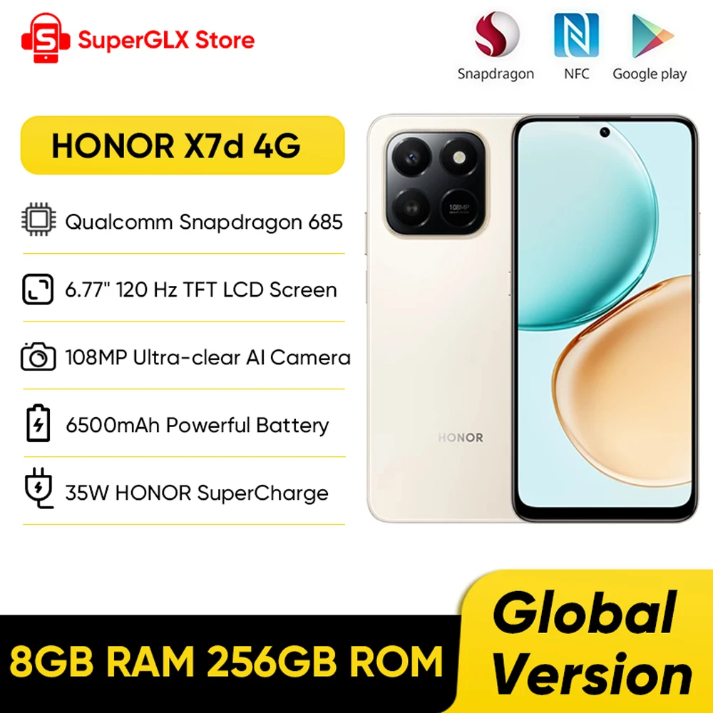 Global Version HONOR X7d 4G Smartphone Qualcomm Snapdragon 685 6.77'' TFT LCD Display 108MP Camera 6500mAh 35W FastCharging IP65
