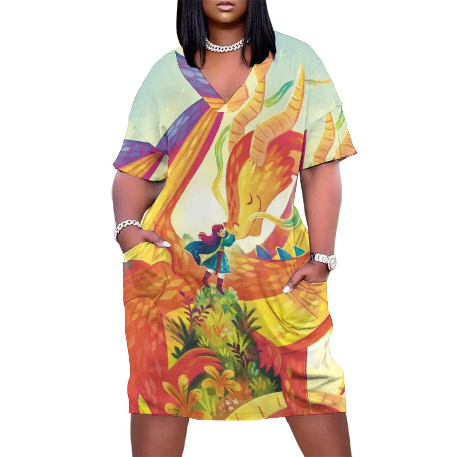 

A girl and her dragon Loose Pocket Dress women's clothing korea stylish Summer women's clothing