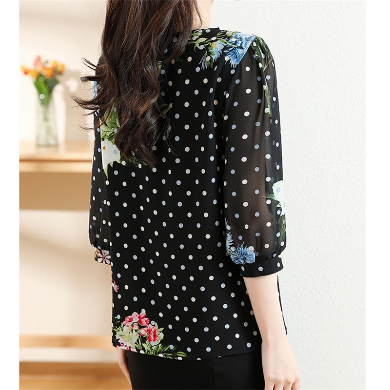 Women Korean Fashion Floral Dot Print Hollow Blouses Elegant Chic Rhinestone Chiffon Shirts Casual 3/4 Sleeve Loose Tops Female