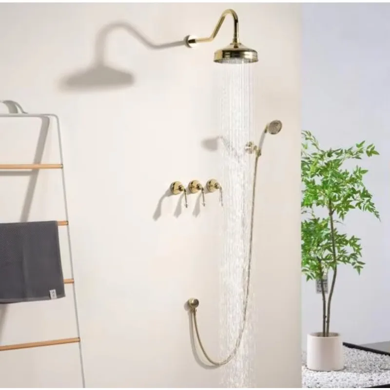 Luxury Classic Golden Shower Faucet Set Complete Shower System, Wall Brass Valve with Ceramic Handle