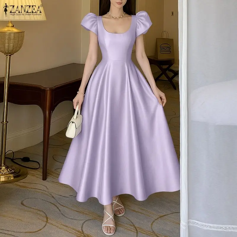 Elegantes A-Linien-Partykleid von ZANZEA, stilvolles Damen-Maxikleid aus Satin, hohe Taille, schmale Passform, Sommerkleid, kurze, plissierte Ärmel, plissierte Robe