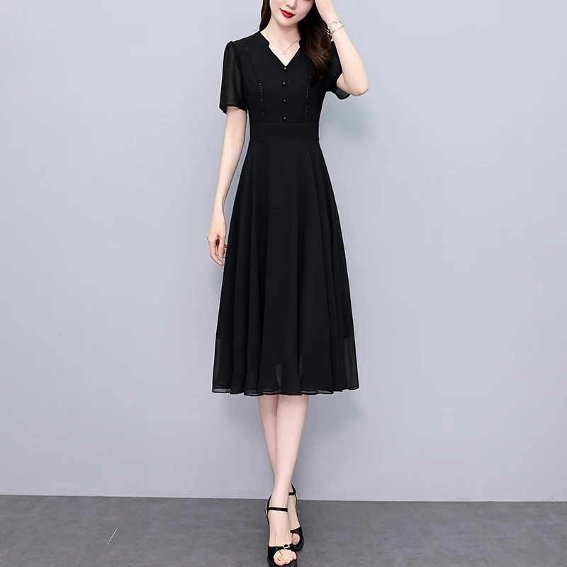 เดรสชีฟองลำลองสีพื้นสำหรับผู้หญิง ฤดูร้อน 2025 ชุดเดรสยาวสำหรับงานพรอมหรืองานปาร์ตี้สุดชิค ชุดเดรสทำงานทรงบอดี้คอนสไตล์วินเทจสำหรับสุภาพสตรี