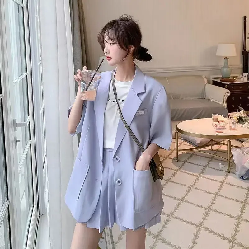 Blue Women's Short Pants Sets Office Clothing Sleeve 2024 Green Blazer and Shorts Suit for Woman Summer Novelty in Stylish New