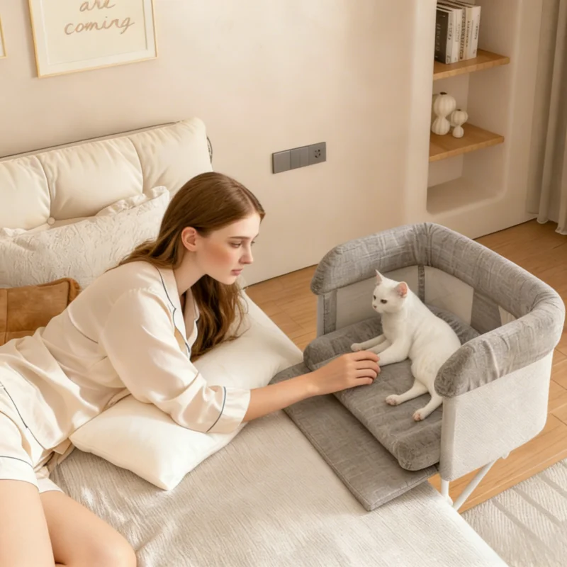 Cama para Gatos Cálida y Completamente Cerrada para Junto a la Cama, Altura Ajustable, Extensión de Cama para Mascotas, Cama Junto a la Cama para Gatos