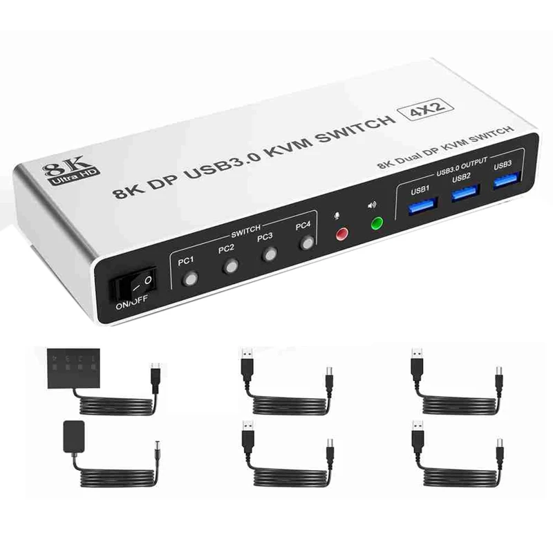 A7THK-8K@60Hz USB3.0 Displayport KVM Switch 2 Monitors 4 Computers, 4 Port DP1.4 Dual Monitor DP KVM Switch With Audio