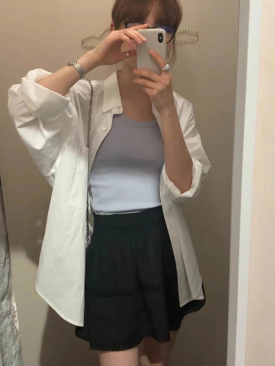 

Синяя женская рубашка в корейском стиле с длинным рукавом, свободного кроя, тонкая, однотонная, с воротником, для защиты от солнца