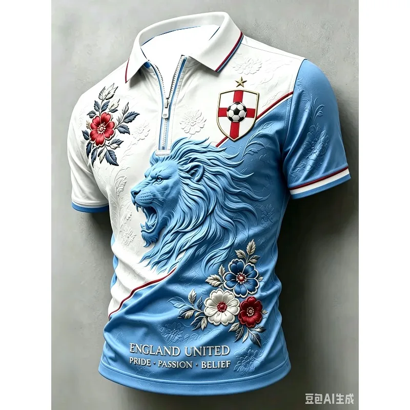 England Football Half Zip Polo Shirt Printing George Cross Print T-shirt Unisex Youth England Supporter Uniform Casual Sport Tee