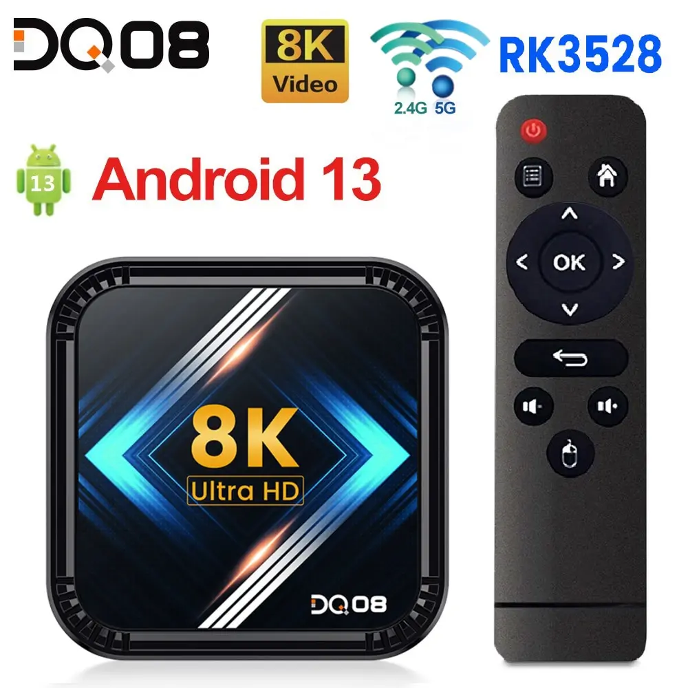 DQ08 RK3528 Smart TV Box Android 13 Quad Core Cortex A53 Support 8K Video 4K HDR10+ Dual Wifi BT Google Voice 2G16G 4G 32G 64G 