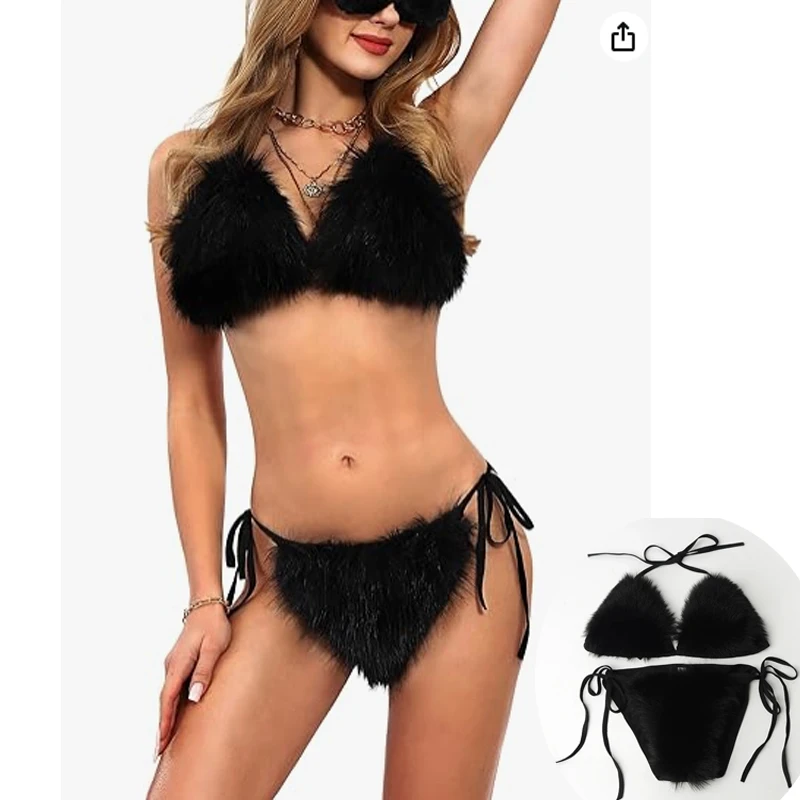 2024 New Arrival Women's Faux Fur Halter String Triangle Bikini Sets Two Piece Swimsuits