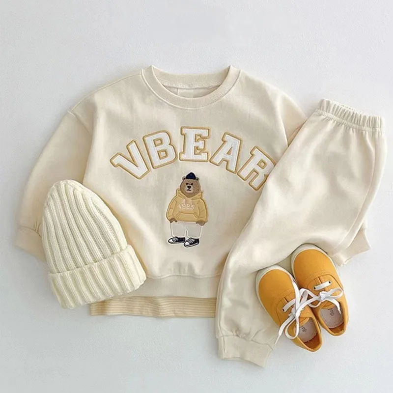 Baby Boy Girl Clothing Sets Children Bear Pullover Sweatshirts + Simple Solid Cotton Sports Pants 2pc Kids Clothes Boy New Suit