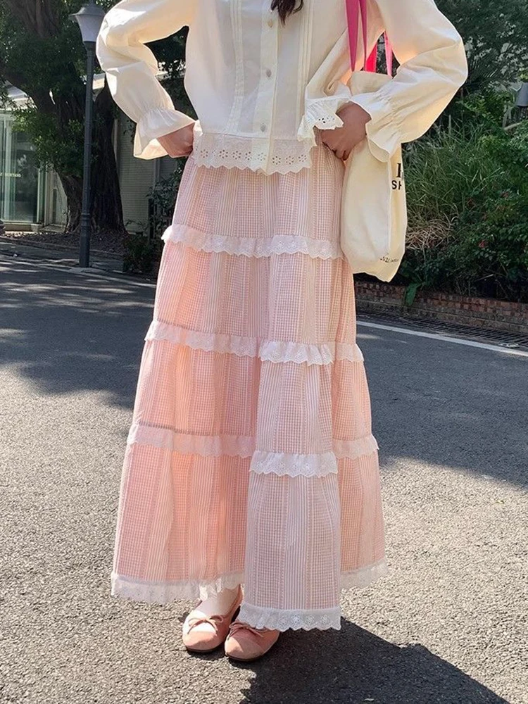 

Sweet Plaid Long Skirt Women Autumn Lace Patchwork Preppy A Line Casual Cake Skirts Student Cute High Waist All Match Skirt New