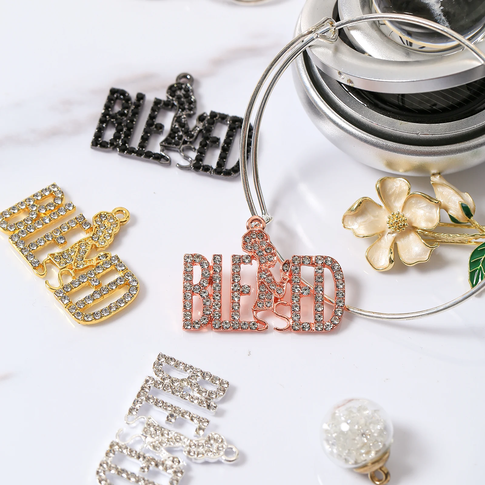 10pcs BLESSED Rhinestone Letter Charms for DIY Bracelet Bangle Making LTC0391-LTC0394