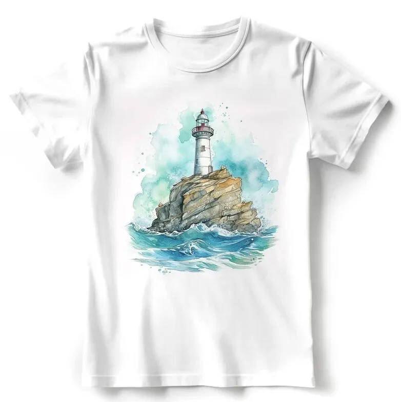 

Lighthouse Watercolor T-Shirt, Lighthouse Art Tee, Trendy Tops with Sea Vibes