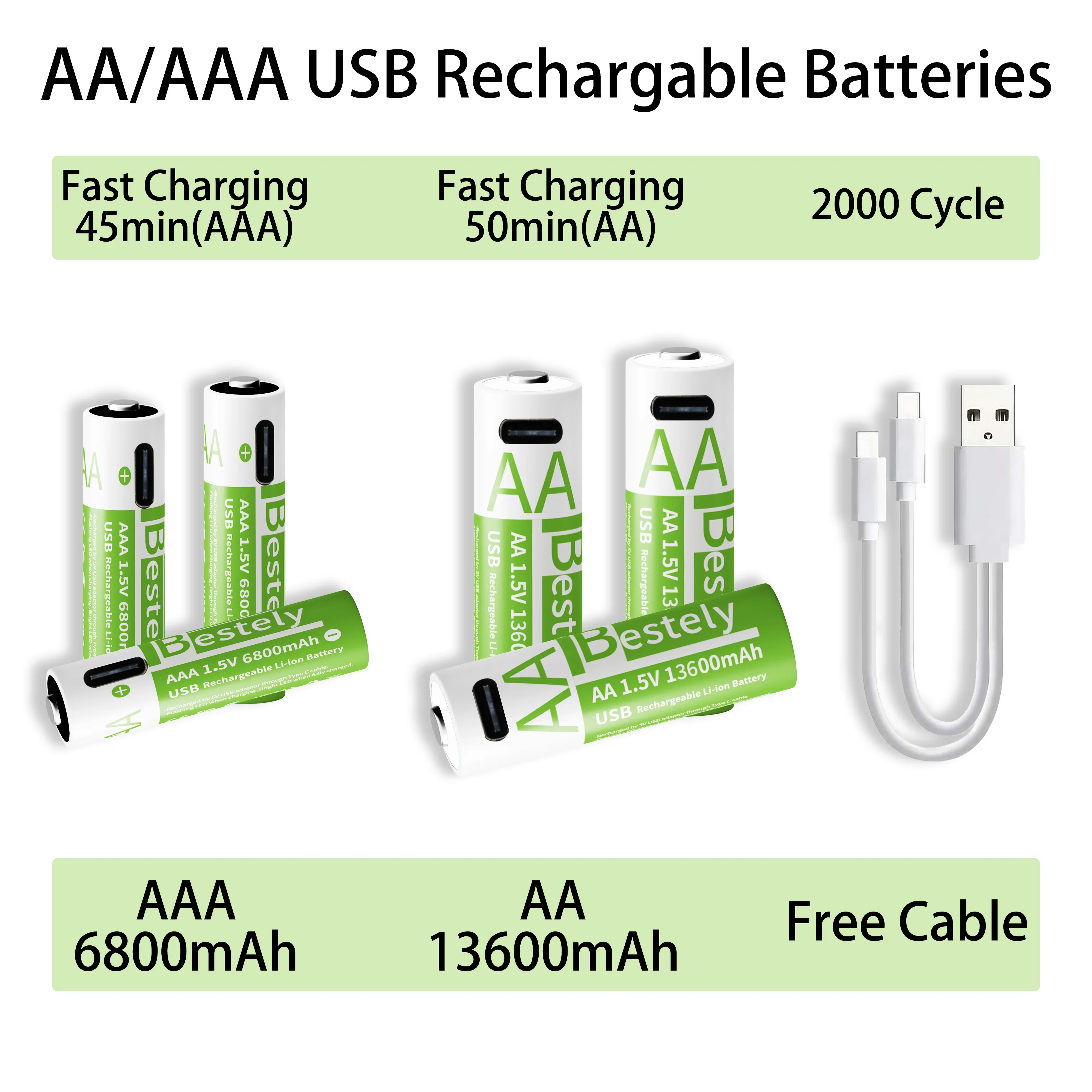 جديد 1.5 فولت AAA 6800 مللي أمبير + AA 13600 مللي أمبير بطاريات ليثيوم قابلة للشحن شحن سريع USB بطارية ليثيوم أيون 2000 دورة مع كابل USB-C