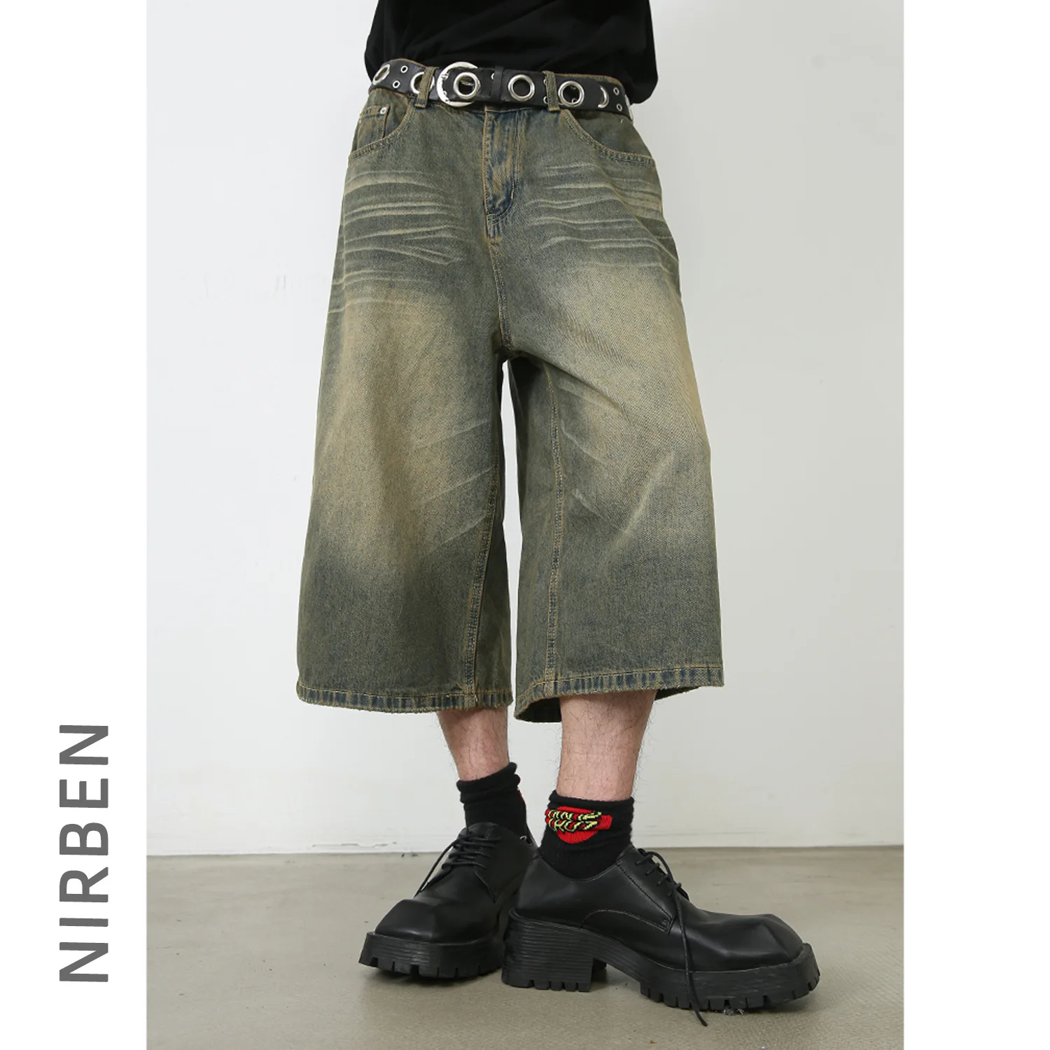 Denim American Retro Wide-leg Seven-point Jeans Men's Summer Washed Straight Loose Versatile Trousers