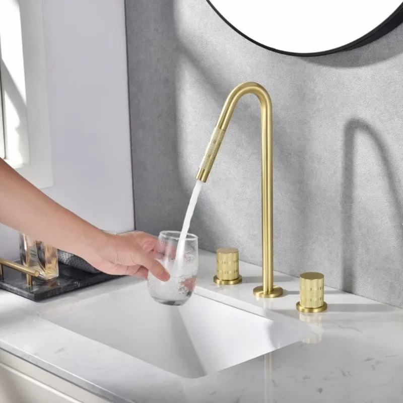 New Arrival Bathroom Widespead Basin Faucet Brush Gold Total Brass Tap luxury Basin Mixer Hot And Cold Shower Room Sink Faucet
