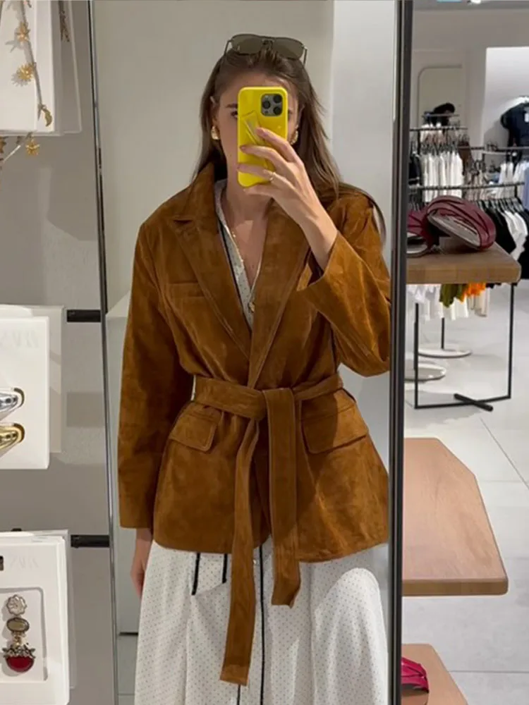 

Women Suede Solid Single-breasted Coats Belt Maxi Sleeves Lapel Pocket Jackets 2025 New Autumn Chic Lady Daily Street Outwear